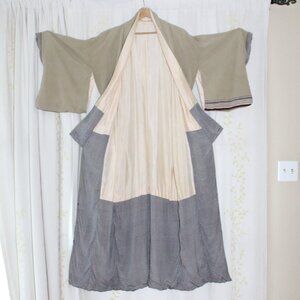 Vintage Boho Handmade Japanese Kimono Full Length Robe Tan Geometric One Size